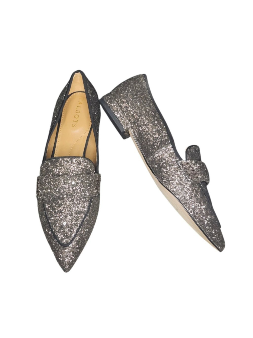 Talbots Scarlet Sparkle Silver Glitter Pointed Toe Loafers Size 5.5